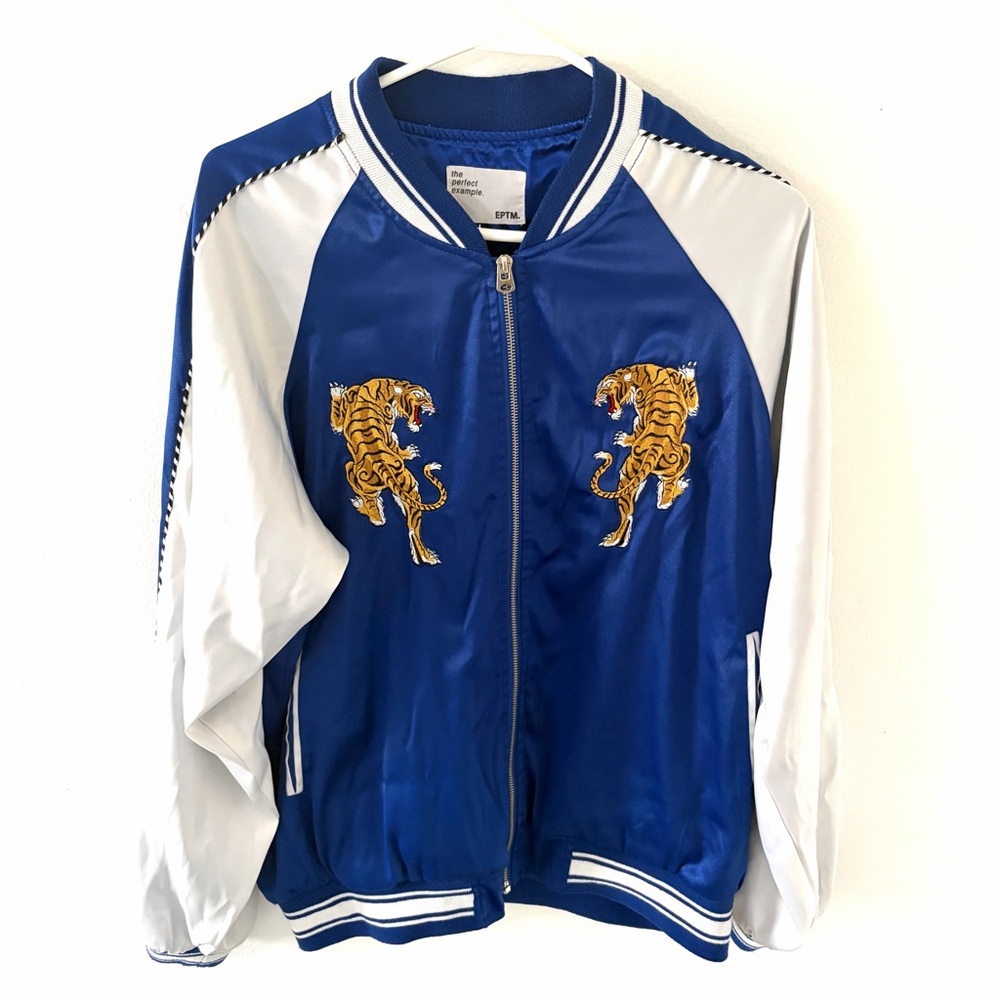 EPTM Blue and White Tiger Embroidered Full-Zip Jacket, Size: Large
